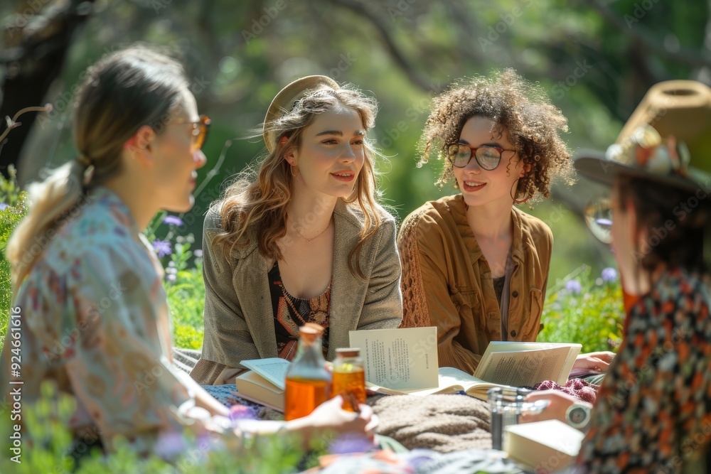 Engaging Book Club Meeting in a Sunny Park Discussing LGBTQ+ Novel. Engaging Book Club Meeting in a Sunny Park Discussing LGBTQ+ Novel.