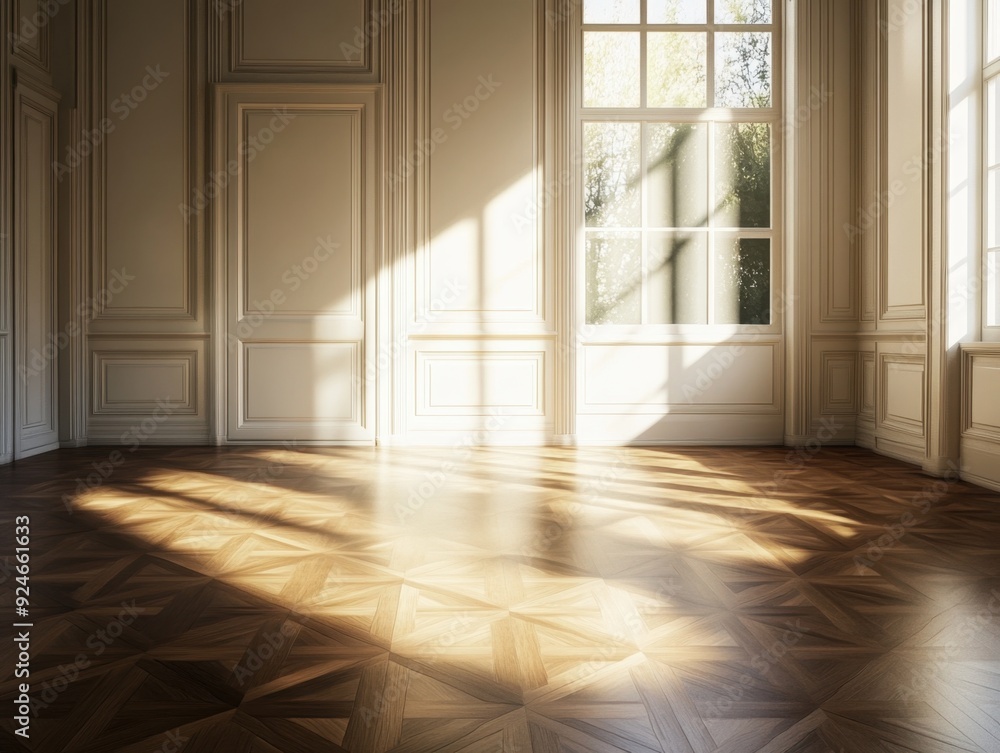A large room with a window and a wooden floor A large room with a window and a wooden floor
