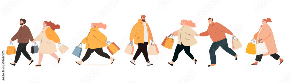 Flat vector illustration of happy people shopping with bags of products Flat vector illustration of happy people shopping with bags of products