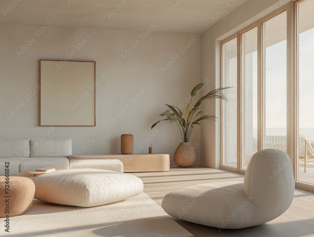 Obraz premium A living room with a white couch, two white chairs, a potted plant