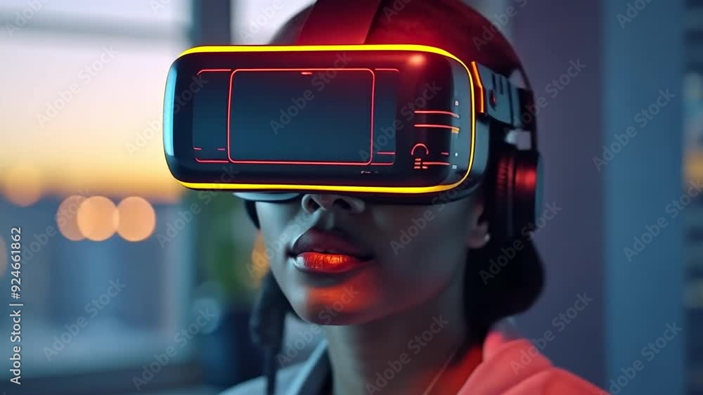 An adult female social media game streamer that plays video games online and wears virtual reality glasses to have fun while at home with neon lights in a variety of colours An adult female social media game streamer that plays video games online and wears virtual reality glasses to have fun while at home with neon lights in a variety of colours