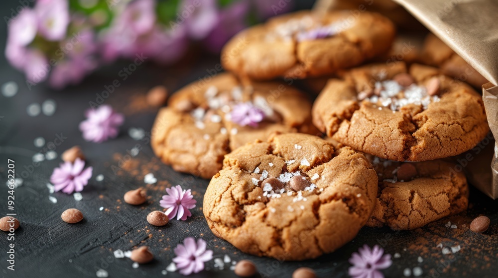 Chocolate cookies with copy space. Paper bag over a table with flowers Chocolate cookies with copy space. Paper bag over a table with flowers