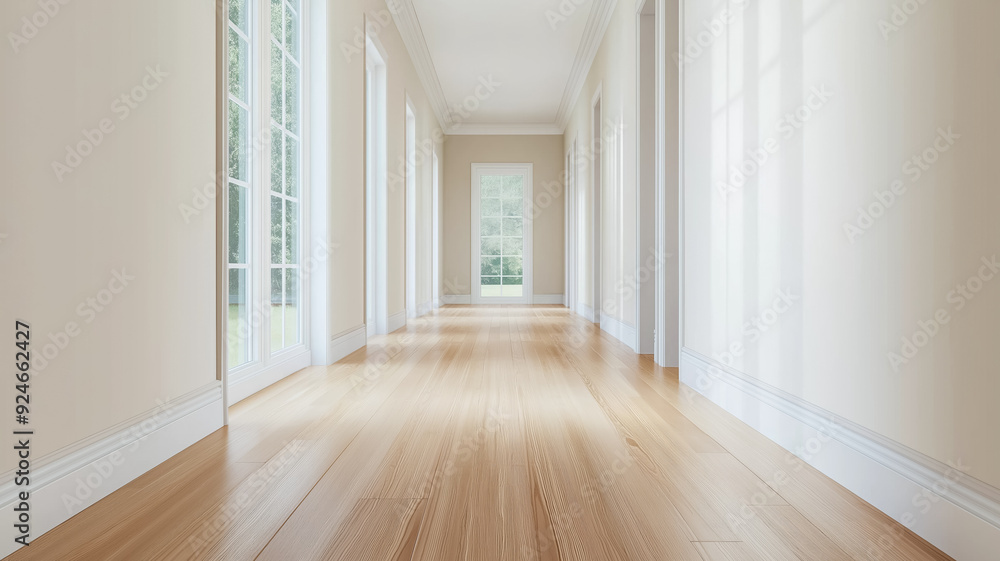 A hallway with heart pine flooring simple decor and light walls creating a welcoming and elegant pathway A hallway with heart pine flooring simple decor and light walls creating a welcoming and elegant pathway