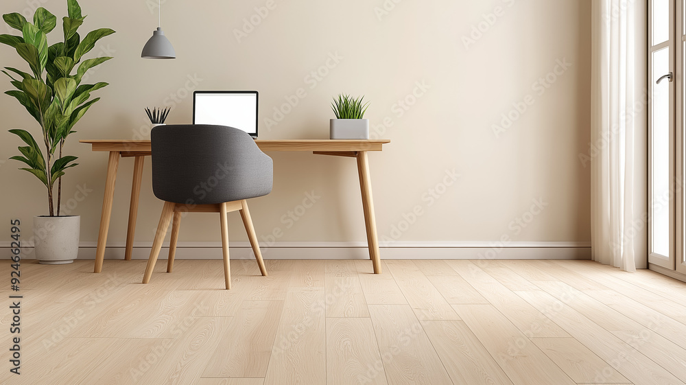 A home office with natural wood floors a sleek desk and ergonomic chair providing a comfortable and stylish work environment A home office with natural wood floors a sleek desk and ergonomic chair providing a comfortable and stylish work environment