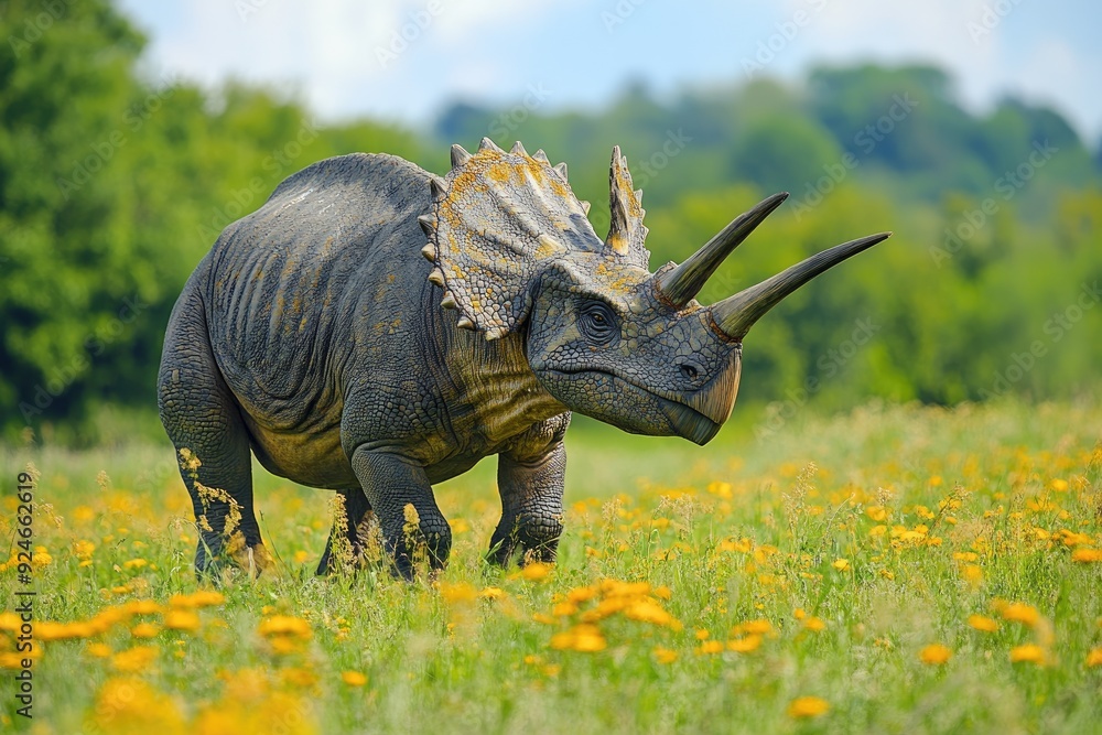 Fototapeta premium A Triceratops Dinosaur in a Field of Yellow Flowers