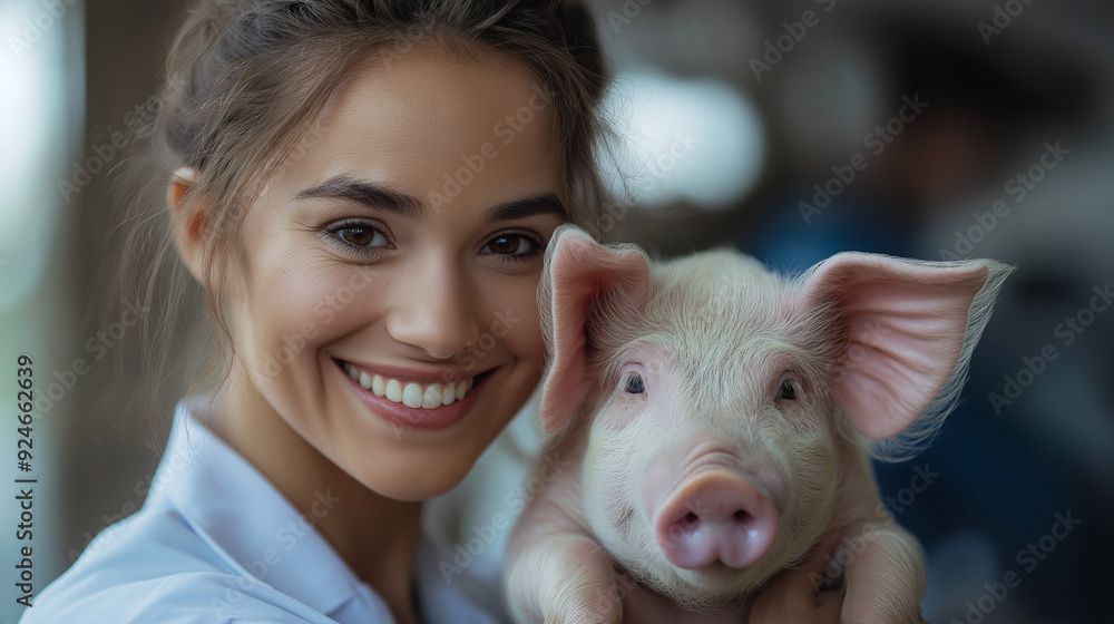 smiling female veterinarian holding young pig in the clinic smiling female veterinarian holding young pig in the clinic