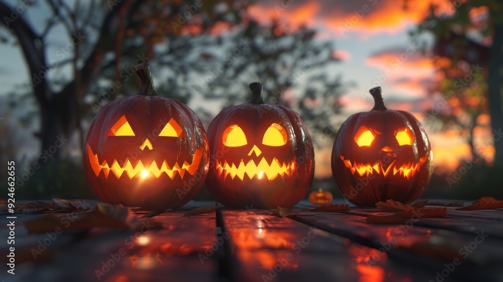Three Jack-o'-lanterns of varying sizes are sitting on a wooden surface at sunset Three Jack-o'-lanterns of varying sizes are sitting on a wooden surface at sunset