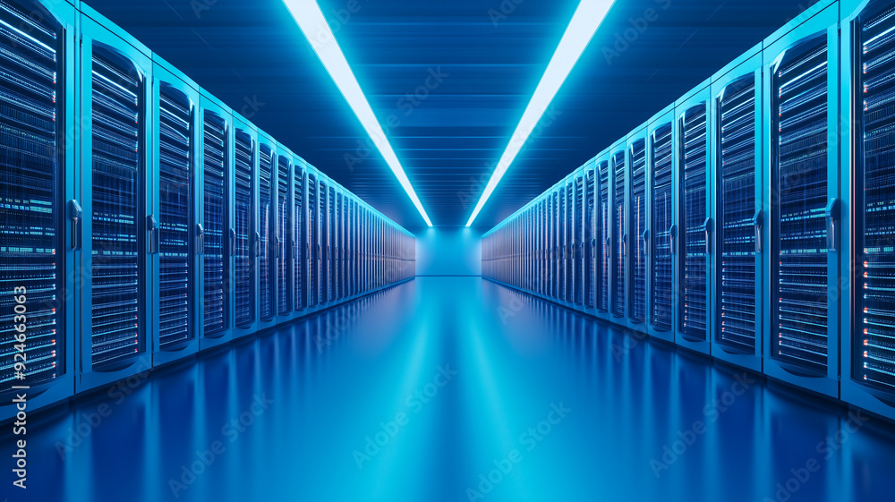 A panoramic view of a cloud computing data center with extensive server rows advanced cooling systems and a secure high tech ambiance A panoramic view of a cloud computing data center with extensive server rows advanced cooling systems and a secure high tech ambiance