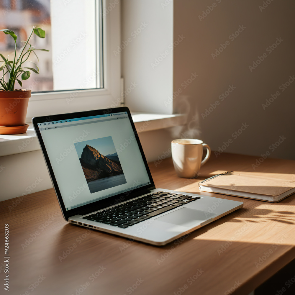 Fototapeta premium Cozy Home Office With A Modern Laptop, Coffee Cup And Green Plants, Ai Illustration