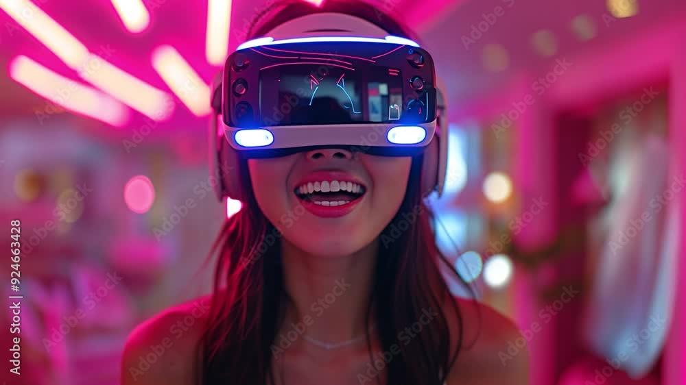 An adult female social media game streamer that plays video games online and wears virtual reality glasses to have fun while at home with neon lights in a variety of colours An adult female social media game streamer that plays video games online and wears virtual reality glasses to have fun while at home with neon lights in a variety of colours