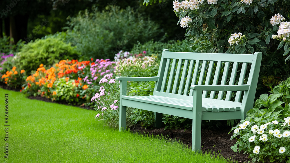 A sage green garden bench placed under a blooming tree surrounded by colorful flowers and lush greenery A sage green garden bench placed under a blooming tree surrounded by colorful flowers and lush greenery