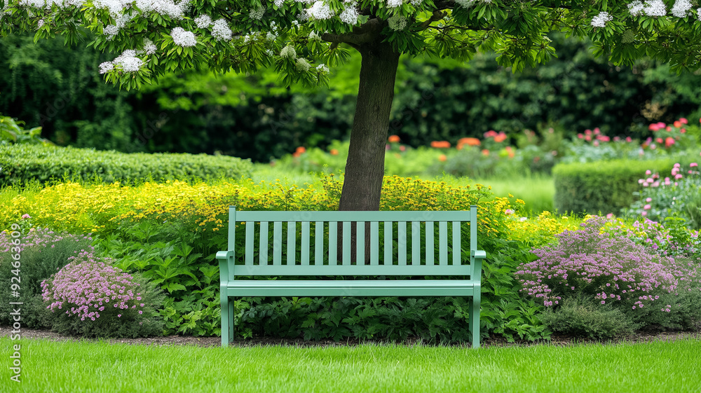 A sage green garden bench placed under a blooming tree surrounded by colorful flowers and lush greenery A sage green garden bench placed under a blooming tree surrounded by colorful flowers and lush greenery