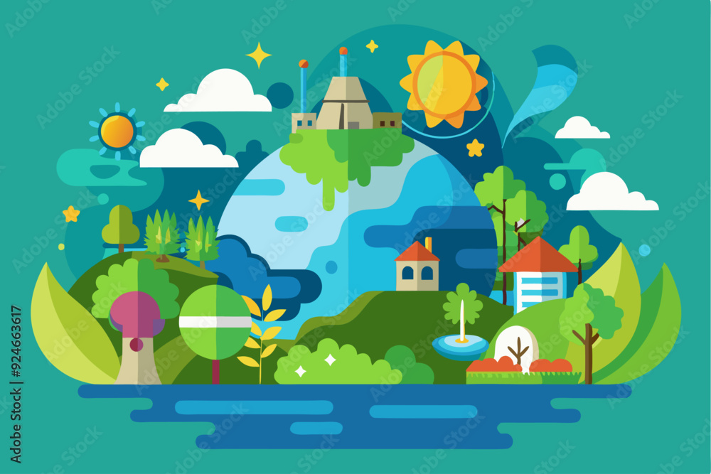 Obraz premium A Colorful Illustration of a Lush, Green Earth with Houses and a Factory