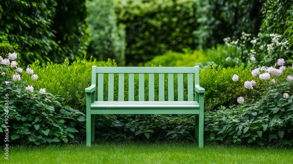 A sage green garden bench surrounded by blooming flowers and lush greenery creating a peaceful outdoor retreat A sage green garden bench surrounded by blooming flowers and lush greenery creating a peaceful outdoor retreat