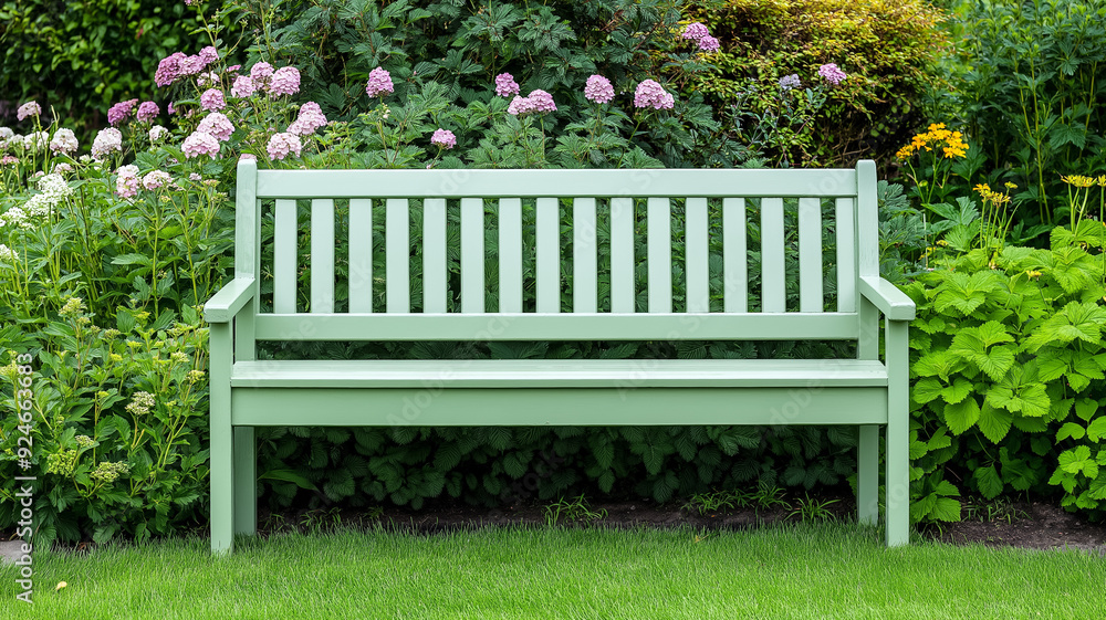 A sage green garden bench surrounded by blooming flowers and lush greenery creating a peaceful outdoor retreat A sage green garden bench surrounded by blooming flowers and lush greenery creating a peaceful outdoor retreat