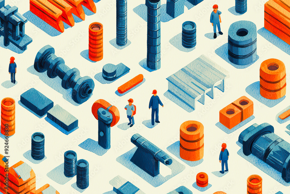An abstract illustration showcasing industrial components and workers in a dynamic, colorful layout. An abstract illustration showcasing industrial components and workers in a dynamic, colorful layout.