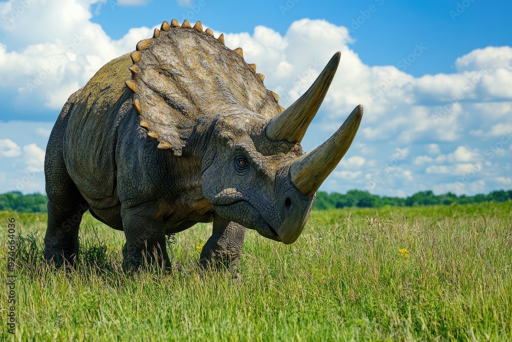 Fototapeta premium A Triceratops Dinosaur in a Field of Grass