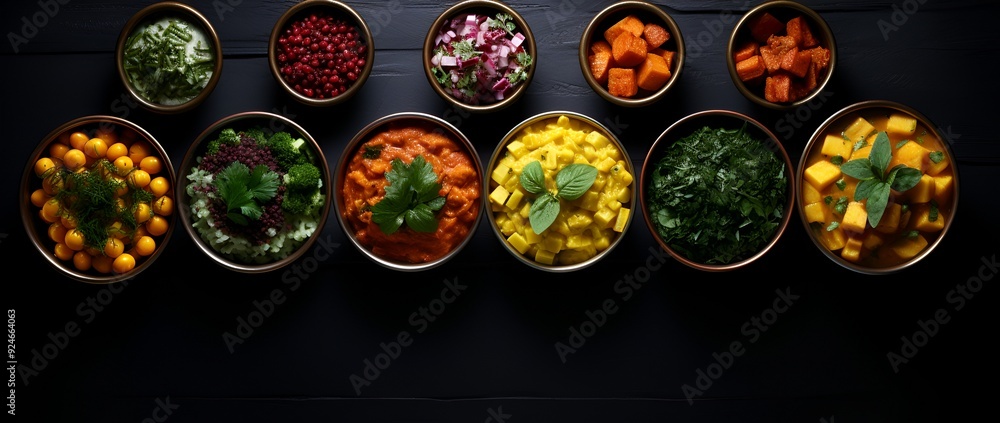 Top view of Assorted Indian food Rice, Lentils, Fish Curry, and Assorted Veggies Top view of Assorted Indian food Rice, Lentils, Fish Curry, and Assorted Veggies