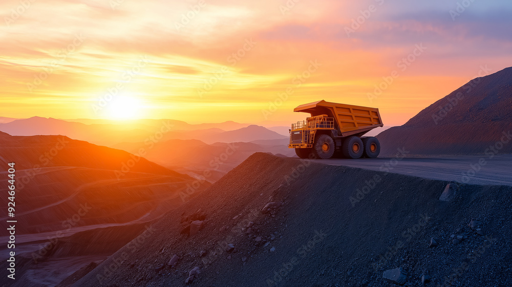 Fototapeta premium A wide angle view of an open pit mine at sunset with trucks and machinery in motion against the backdrop of rugged terrain 