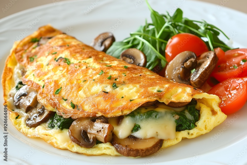 A freshly made cheese, mushroom and spinach omelette served with a small side salad A freshly made cheese, mushroom and spinach omelette served with a small side salad