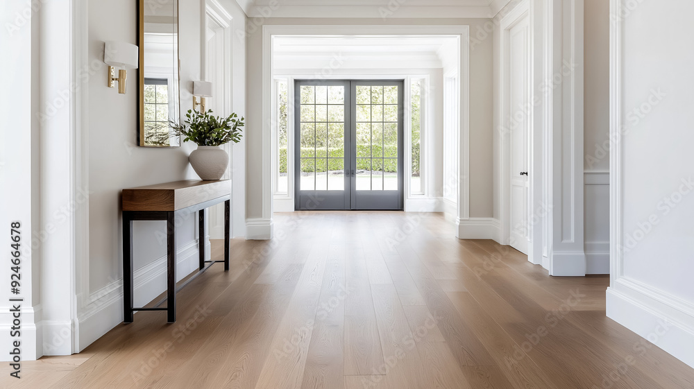 An entryway with polished wood floors a stylish console table and decorative accents making a welcoming first impression An entryway with polished wood floors a stylish console table and decorative accents making a welcoming first impression