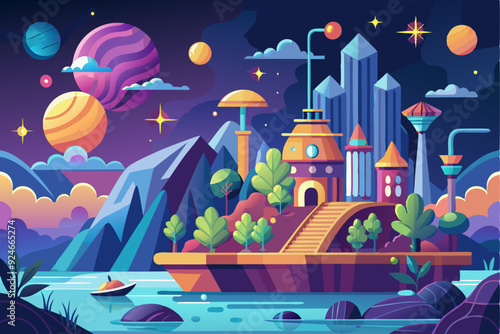 Futuristic Cityscape with Floating Island and Planets