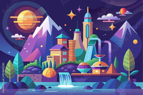 Futuristic Cityscape with Mountains, Waterfalls, and a Starry Night Sky