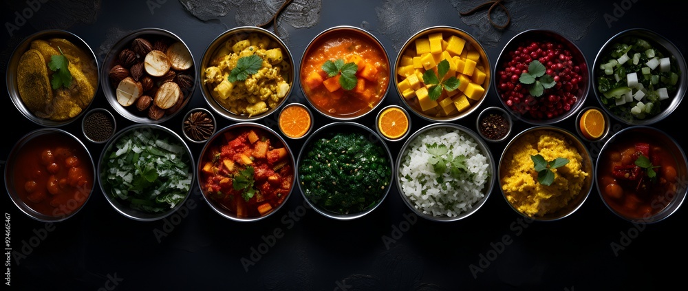 Top view of Assorted Indian food Rice, Lentils, Fish Curry, and Assorted Veggies Top view of Assorted Indian food Rice, Lentils, Fish Curry, and Assorted Veggies