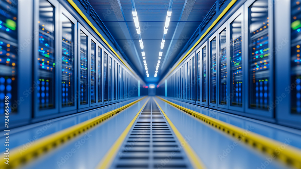 Wide angle shot of a cloud computing facility with massive server farms interconnected by high speed networks and advanced cooling systems Wide angle shot of a cloud computing facility with massive server farms interconnected by high speed networks and advanced cooling systems