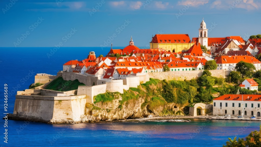 Picturesque view of a coastal town with red-roofed buildings perched on a rocky cliff, overlooking the deep blue sea under a clear sky, capturing the charm and scenic beauty of a European seaside vill