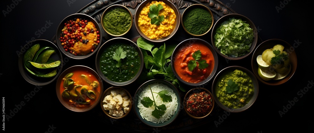 Top view of Assorted Indian food Rice, Lentils, Fish Curry, and Assorted Veggies Top view of Assorted Indian food Rice, Lentils, Fish Curry, and Assorted Veggies