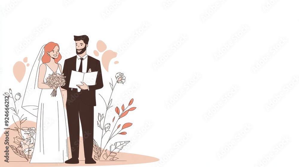 Obraz premium A bride and groom stand at the altar with a bouquet of flowers and a book symbolizing the start of their new life together.