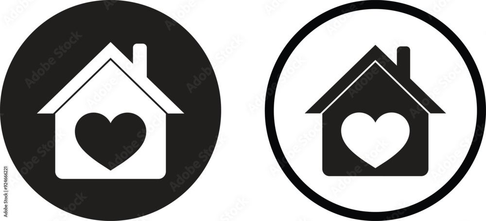 Love home icon set in two styles . Heart sign in house icon . Love house symbol vector Love home icon set in two styles . Heart sign in house icon . Love house symbol vector