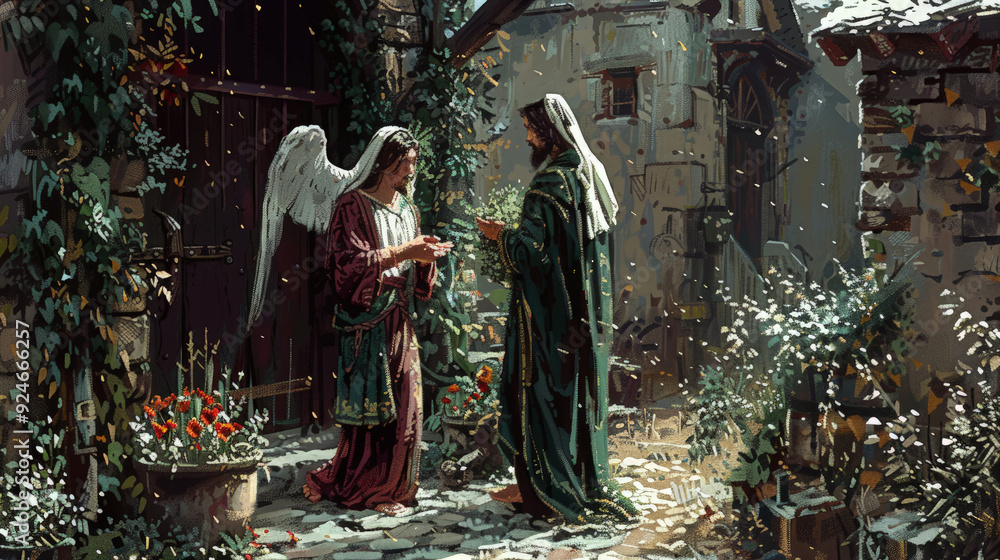 Obraz premium Christian religious background in colorful pixel-art style.