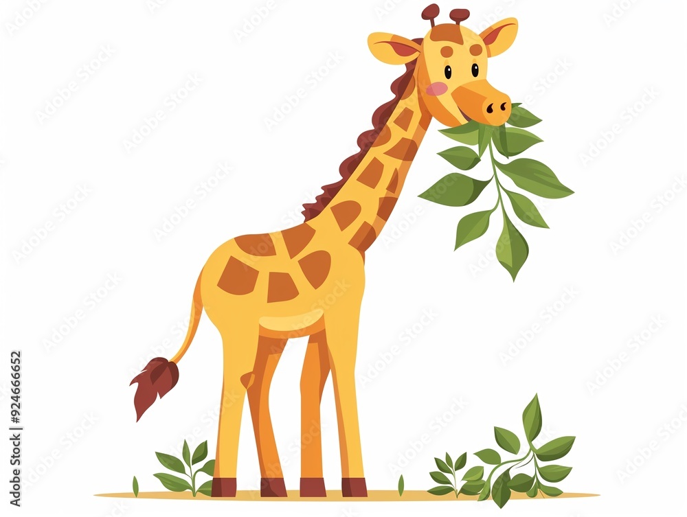 Naklejka premium Friendly giraffe standing with leaves in mouth clipart, flat art, simple cartoon 2D emblem