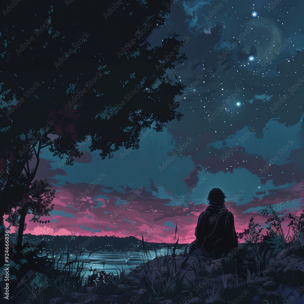 A solitary figure gazes at the night sky illuminated by stars and a distant cityscape A solitary figure gazes at the night sky illuminated by stars and a distant cityscape