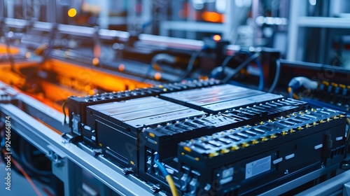 A close-up view of industrial equipment with battery packs, showcasing advanced technology in a manufacturing setting.