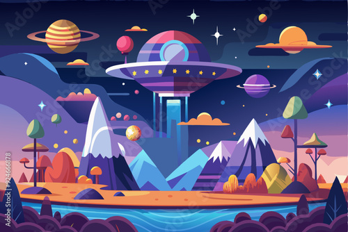 A Cartoon Landscape Featuring a UFO Hovering Over a River and Mountainous Terrain