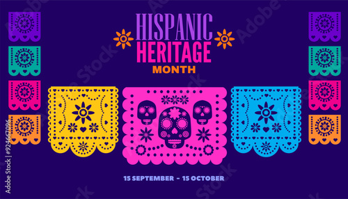 National hispanic heritage month banner with latin geometrical patterns, mexican flowers, guitar, bright colored decor