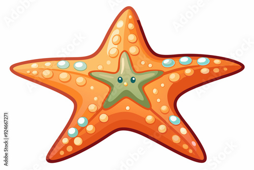Cartoon Orange Starfish with Green Star and Blue Eyes