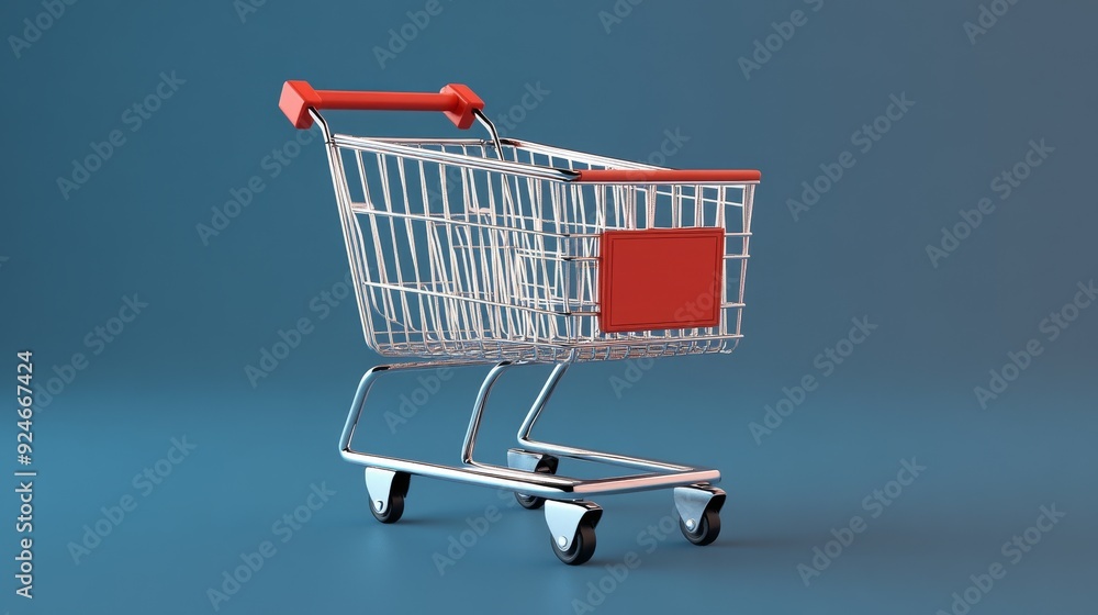 A chrome shopping cart with red handles rests on a blue background, symbolizing online shopping, retail, consumerism, purchase, and potential. A chrome shopping cart with red handles rests on a blue background, symbolizing online shopping, retail, consumerism, purchase, and potential.