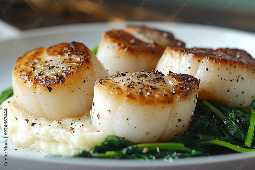A plate of seared scallops served on a bed of creamy mashed potatoes and greens. A plate of seared scallops served on a bed of creamy mashed potatoes and greens.