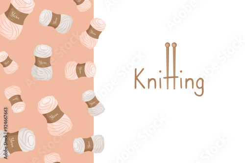 Landing page with skeins of wool for knitting. Skein of yarn. Tools, equipment for knitting, needlework, hobby. Illustration for design business cards, flyers, banners, websites, knitting studios.