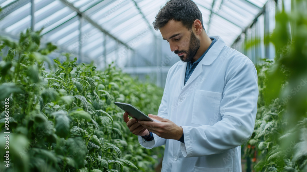 A greenhouse technician in a white lab coat, using a tablet to monitor the humidity A greenhouse technician in a white lab coat, using a tablet to monitor the humidity