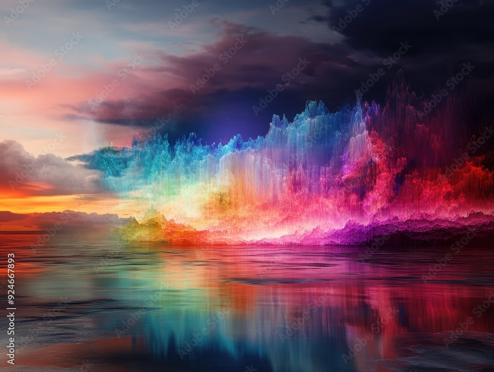 Stunning Abstract Landscape with Vibrant Colors Reflecting on Calm Water at Sunset Stunning Abstract Landscape with Vibrant Colors Reflecting on Calm Water at Sunset