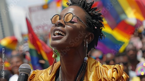 Close-Up of Lesbian Activist Delivering Powerful Speech at Rally.