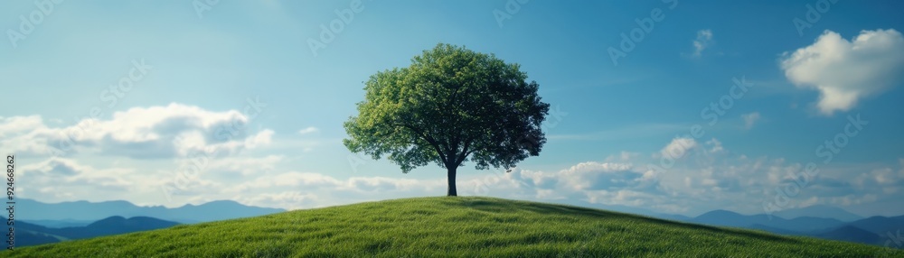 Obraz premium Lone Tree on a Green Hill Under a Clear Blue Sky with Rolling Mountains in the Background