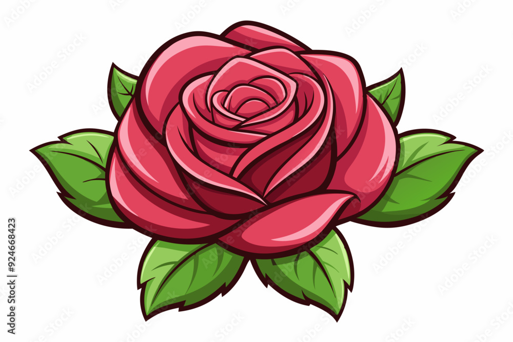 Cartoon Red Rose with Green Leaves Cartoon Red Rose with Green Leaves