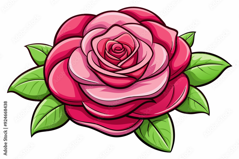 Cartoon illustration of a pink rose with green leaves Cartoon illustration of a pink rose with green leaves