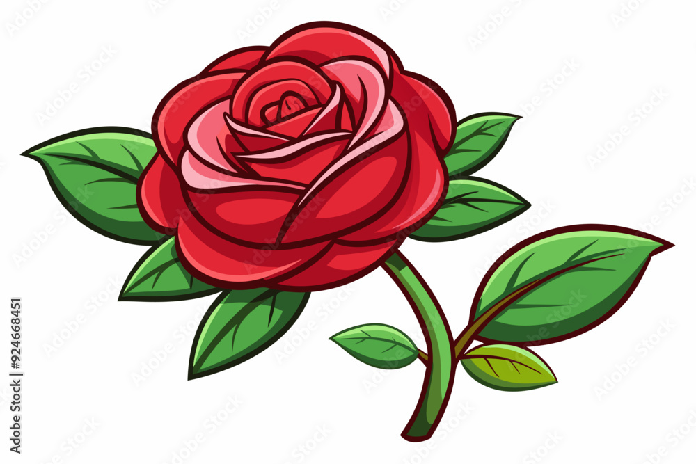 Cartoon Illustration of a Single Red Rose with Green Leaves Cartoon Illustration of a Single Red Rose with Green Leaves